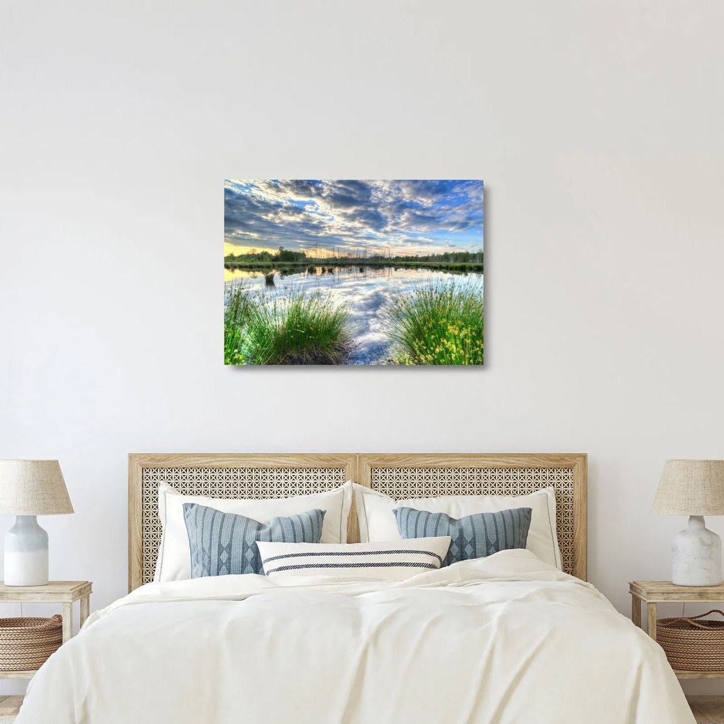 Sklenený obraz jazera s tŕstím (70x50 cm)