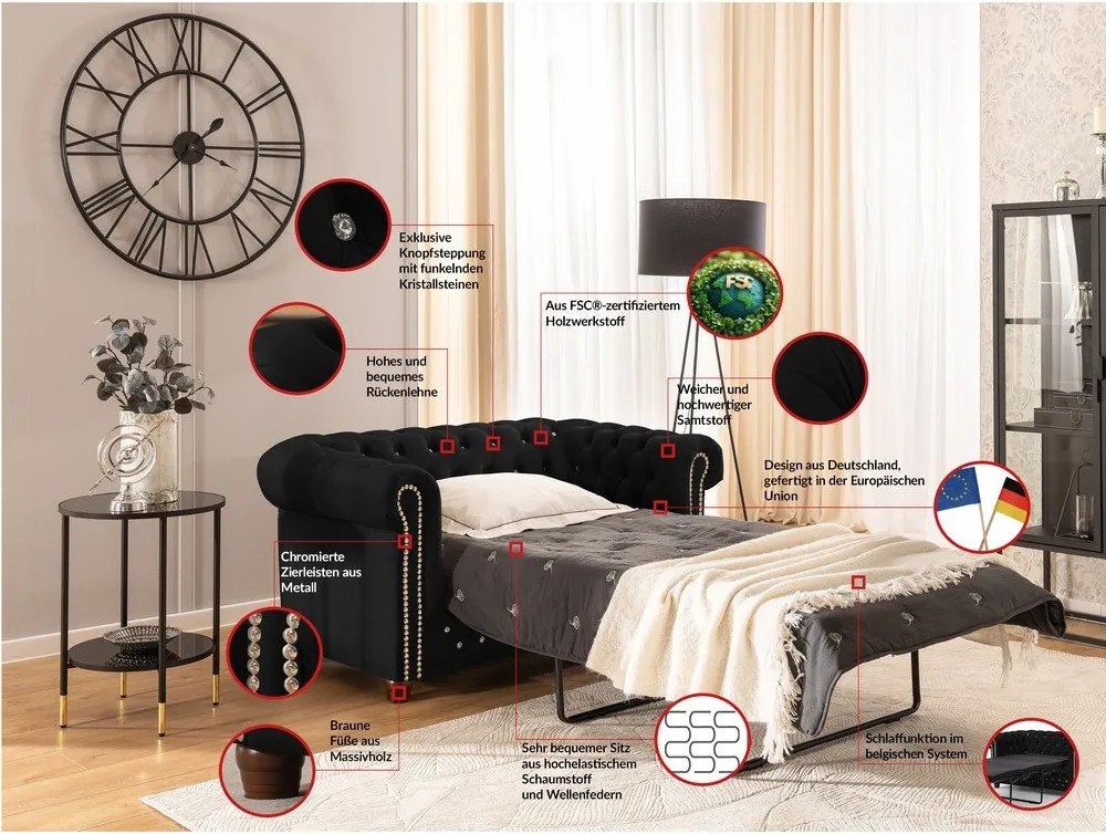 Čierna zamatová rozkladacia pohovka 148 cm York Blik – Ropez