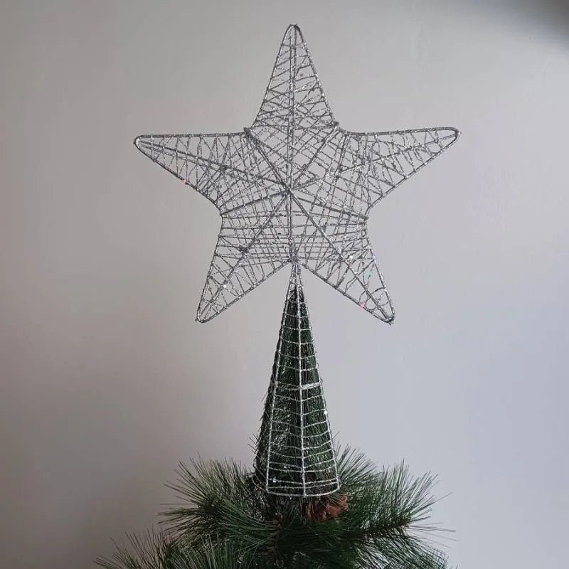 DECOLED Hviezda na vrchole stromu, striebro, 24 x 36 cm