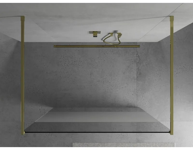 Mexen Kioto, priechodná sprchová zástena 110 x 200 cm, 8mm sklo číre/námraza, 2x zlatá stabilizačná rozpera, 800-110-002-50-35