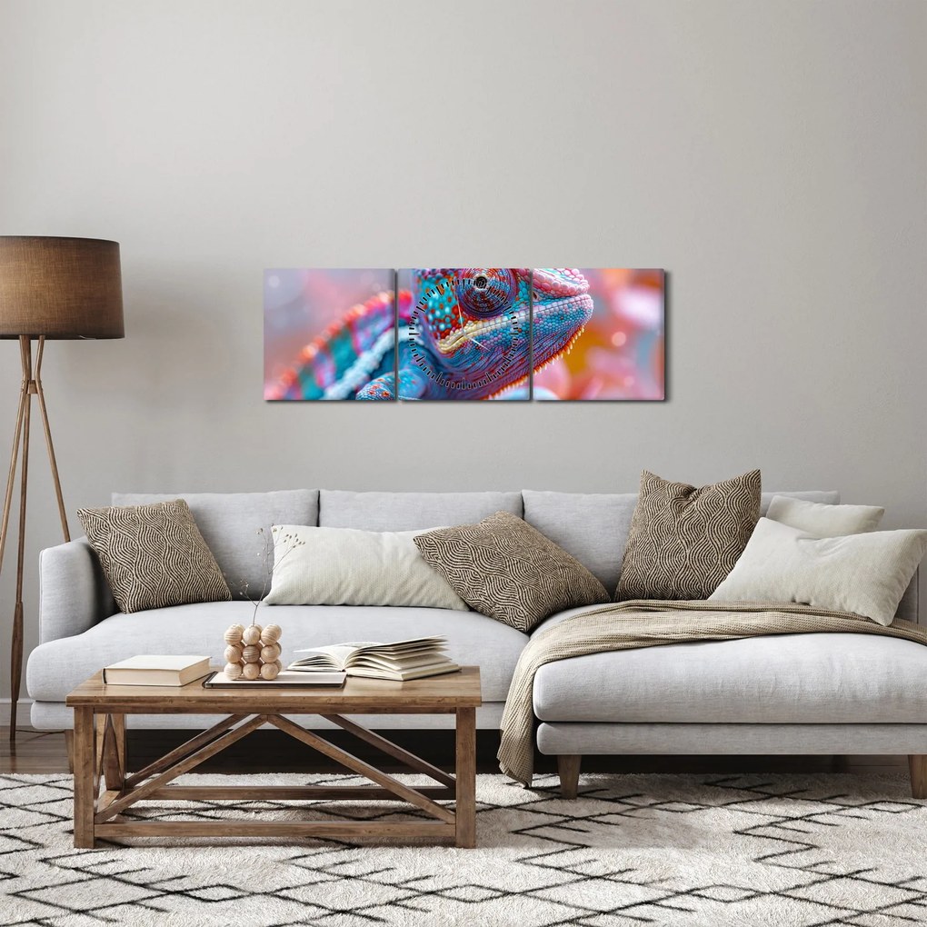 Obraz - Sfarbený chameleón (s hodinami) (90x30 cm)