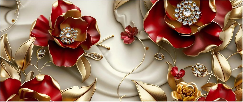 Obraz - 3D Červeno-zlaté kvety (120x50 cm)