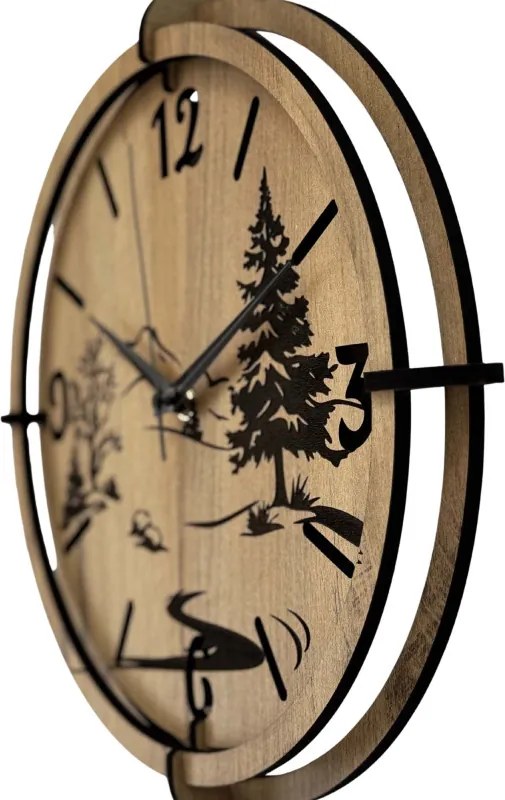 Moderné nástenné hodiny s motívom lesa a hôr | SENTOP HDF0600-GOLD-OAK