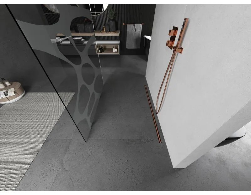 Mexen Kioto, sprchová zástena Walk-In 140 x 200 cm, 8mm číre sklo biely vzor, medený matný profil, 800-140-002-65-97