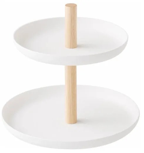 Biely stojan s 2 úložnými miskami a detailom z bukového dreva YAMAZAKI Tosca