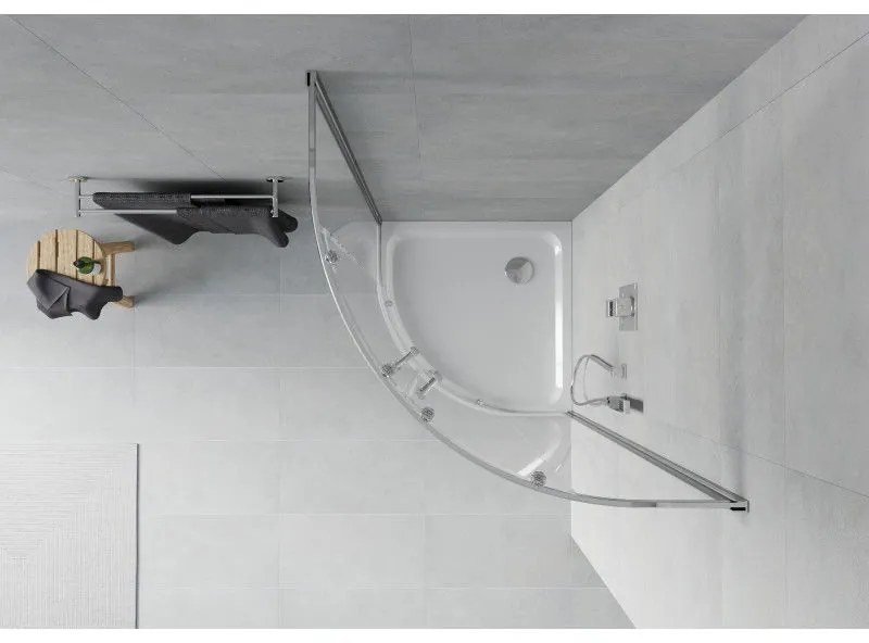 Mexen Rio, štvrťkruhový sprchovací kút s posuvnými dverami 80 x 80 cm, 6mm číre sklo, chrómový profil + biela sprchová vanička, 863-080-080-01-00-4110