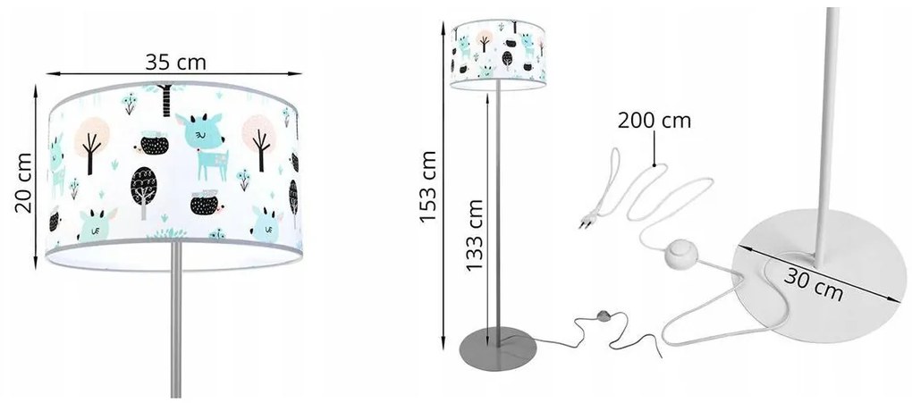 Detská stojacia lampa Bambi, 1x textilné tienidlo so vzorom, (výber z 2 farieb konštrukcie), o
