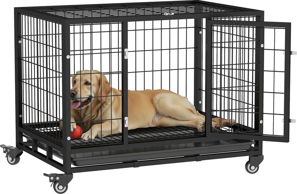 PawHut Kovová klietka pre psov s kolieskami a brzdami, odnímateľná tácka a dvere s zámkom pre zlatého retrievera a labradora, 92x62x75 cm, čierna | Ao