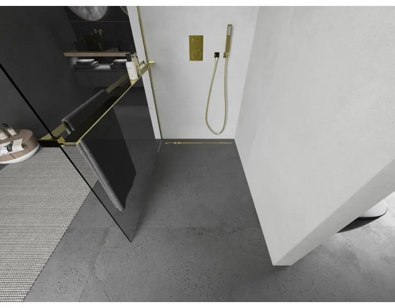 Mexen Kioto, sprchová zástena Walk-In Walk-in 125 x 200 cm, 8mm číre sklo, zlatý lesklý profil + vešiak na uteráky s poličkou, 800-125-121-50-00