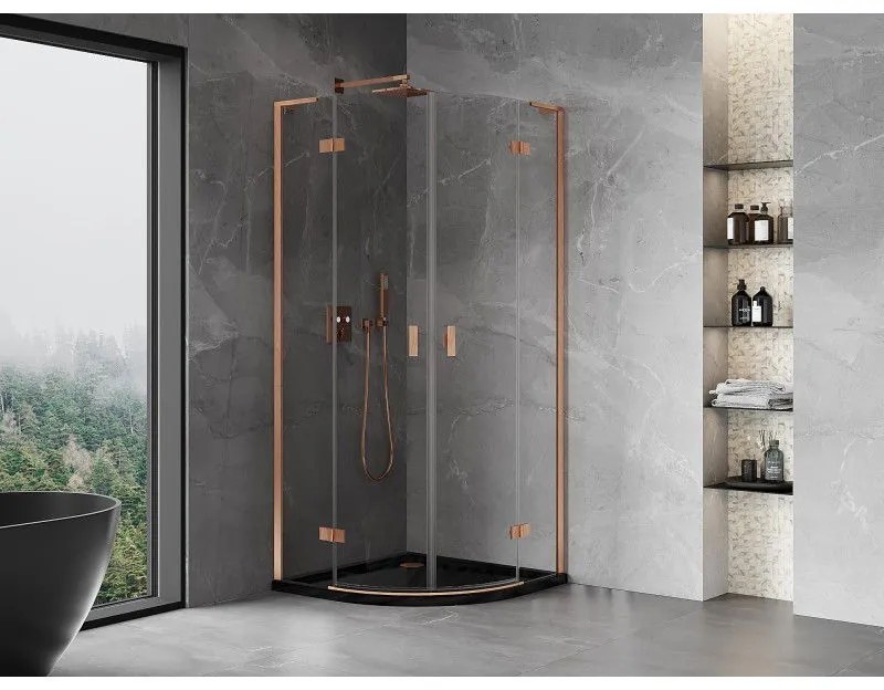 Mexen Mist L, štvrťkruhový sprchový kút s 2-krídlovými dverami, 100 x 100 cm, číre sklo, medený matný profil, 8A33L-100-100-65-00