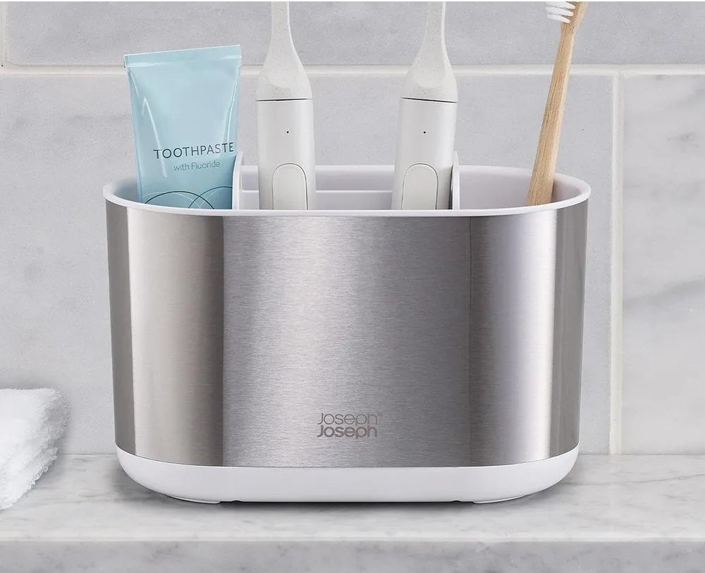 Stojan na zubné kefky z nehrdzavejúcej ocele v striebornej farbe Duo Steel – Joseph Joseph