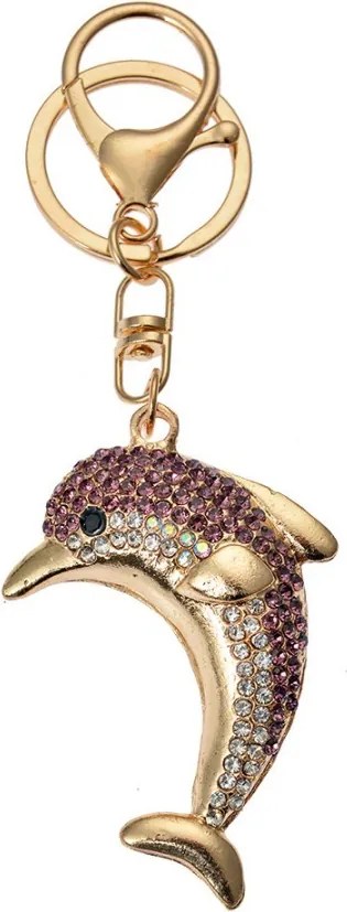 Ružovo-zlatý kovový prívesok na kľúče s kamienkami delfín - 4*2*6 cm