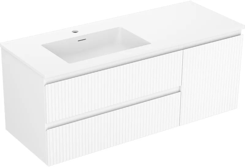 Mexen Rivel, kúpeľňová skrinka 120 cm s ľavým umývadlom Otis, 2S, 1D, drážkovaná, biela matná, 91A23-12047-3-BBFFF01-W18L01