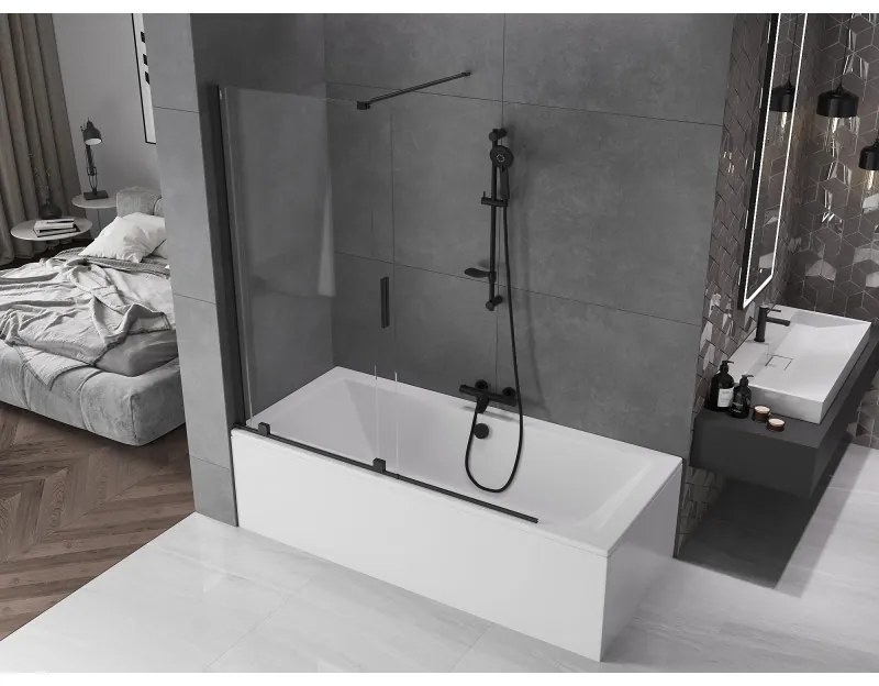 Mexen Velar, 2-krídlová posuvná vaňová zástena 150 x 150 cm, 8mm číre sklo, čierna matná, 896-150-000-01-70