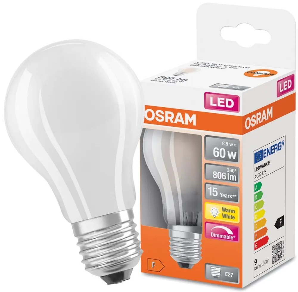 LED žiarovka E27 8,5W = 60W 806lm 2700K Warm 300° CRI80 OSRAM stmievateľná