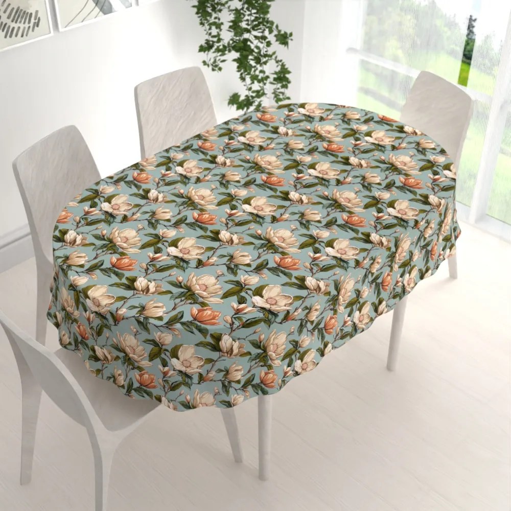 Biante Bavlnený oválny obrus Sandra SA-545 Kvety magnólie na sivomodrom 80x120 cm