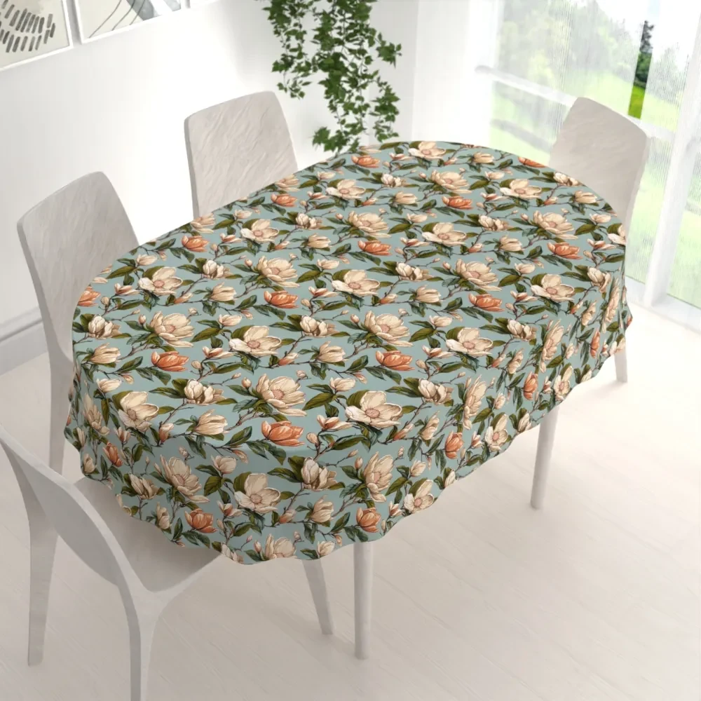 Biante Bavlnený oválny obrus Sandra SA-545 Kvety magnólie na sivomodrom 80x120 cm