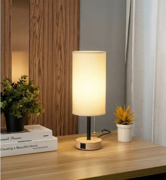 Brilagi - Stolová lampa s USB portom TABLON 1xE27/25W/230V dub/čierna/biela