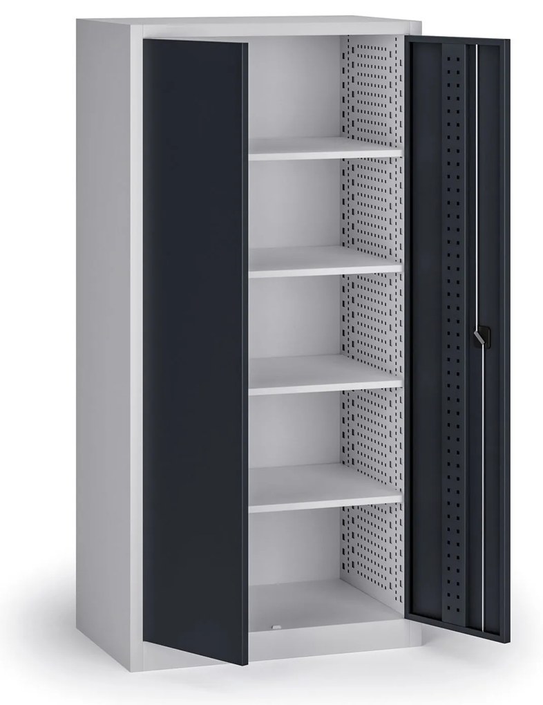 Policová dielenská skriňa na náradie KOVOS, perforovaný panel, 4 police, 950 x 600 x 1950 mm, grafit