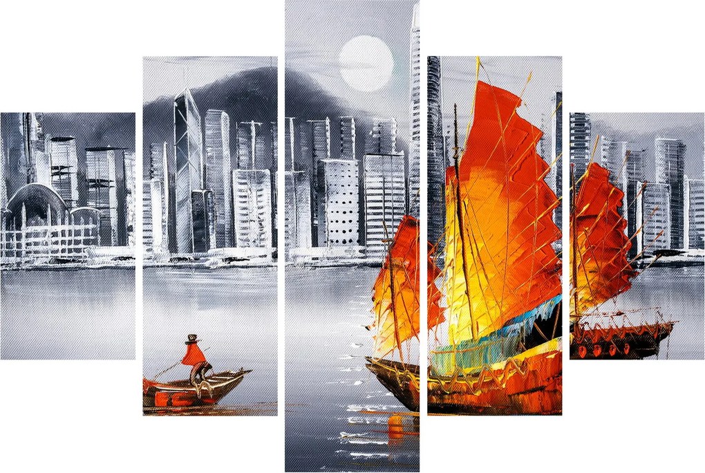 Obraz - Victoria Harbor, Hong Kong, čiernobiela olejomaľba (150x105 cm)