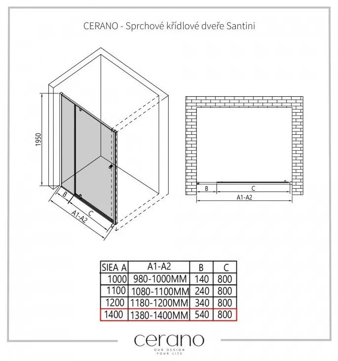 Cerano Santini, krídlové sprchové dvere 140x195 cm, 6mm číre sklo, čierny profil, CER-CER-428779