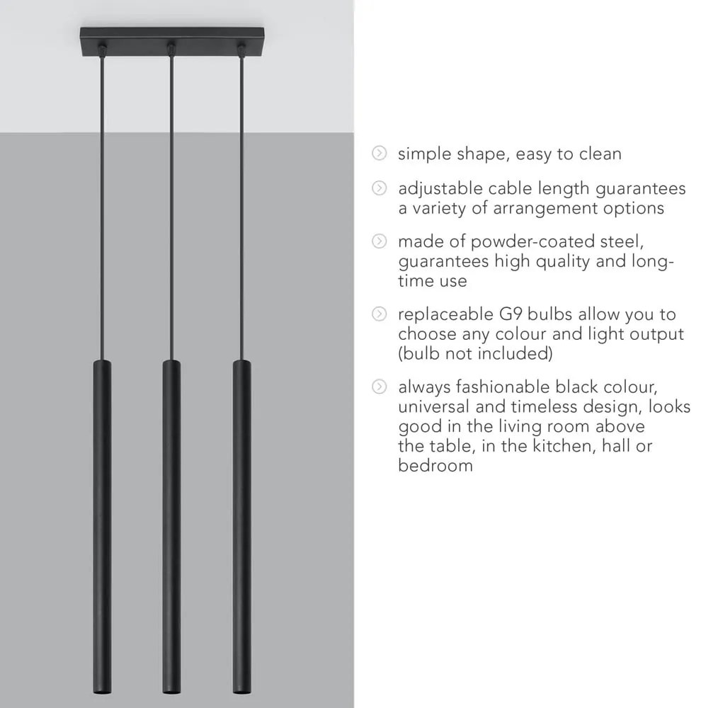Čierne závesné svietidlo Sollux Fideus, dĺžka 30 cm