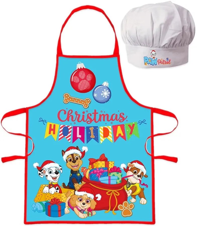 Detská vianočná zástera s kuchárskou čiapkou Tlapková patrola - Paw Patrol - 2 diely - pre deti 3 - 8 rokov