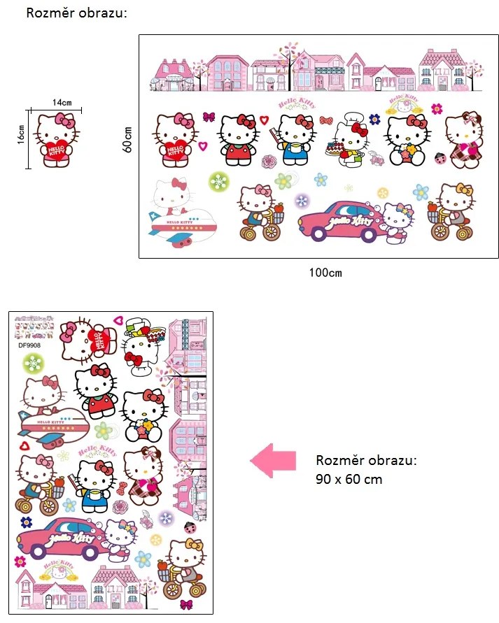 Veselá Stena Samolepka na stenu na stenu Hello Kitty s domčekmi