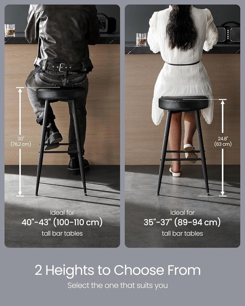 Sada 2 ks barových stoličiek, syntetická koža s prešívaním, čierne