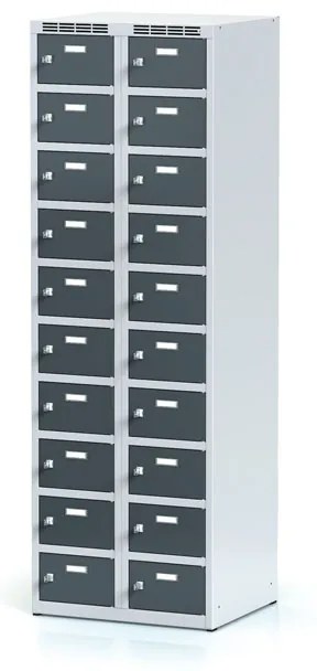 Alfa 3 Šatníková skrinka s úložnými boxami, 20 boxov, 1800 x 600 x 500 mm, cylindrický zámok, tmavosivé dvere