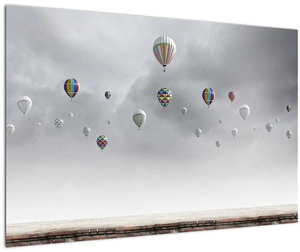 Obraz - Balóny nad tehlovou stenou (90x60 cm)