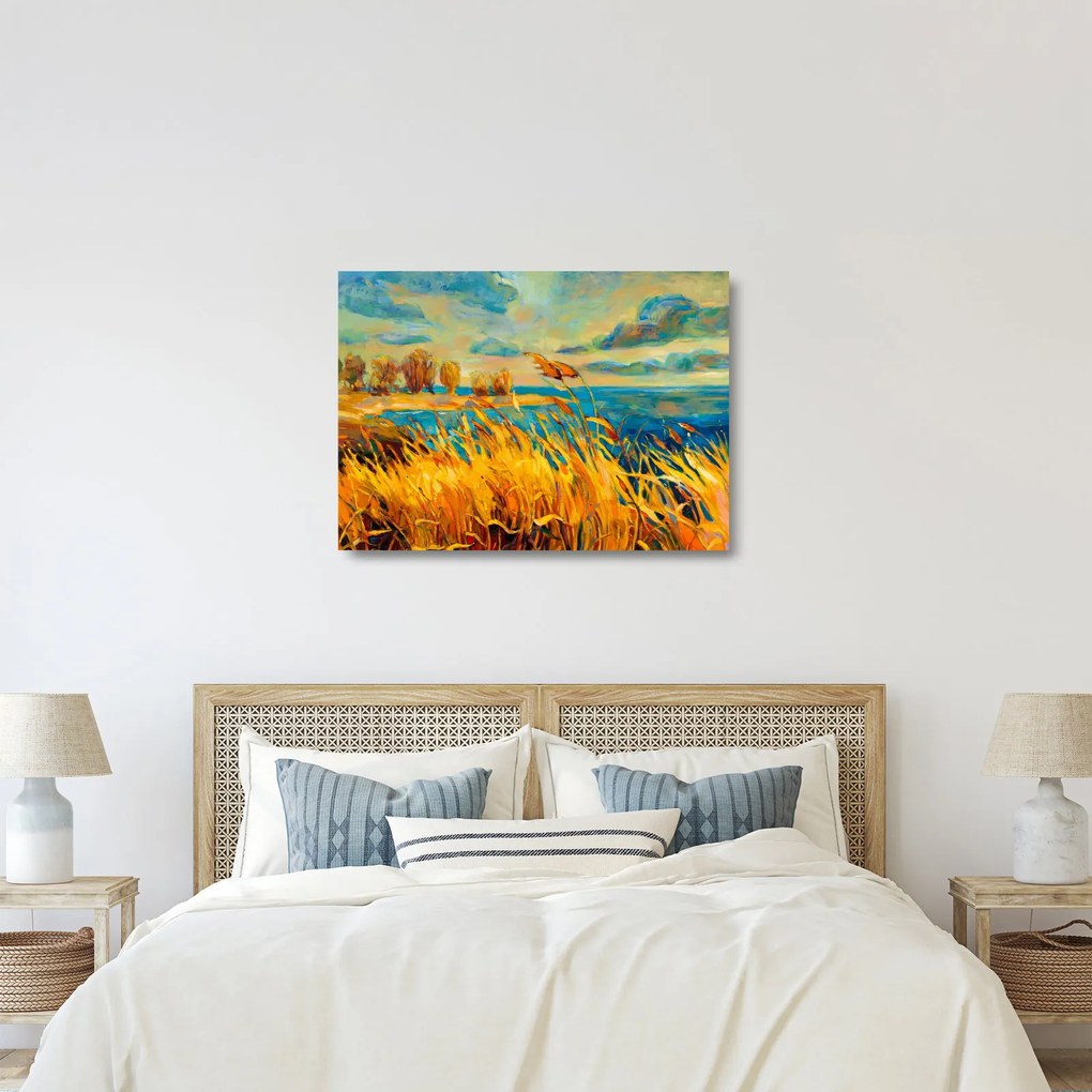 Sklenený obraz - Západajúce slnko nad jazerom, akrylová maľba (70x50 cm)