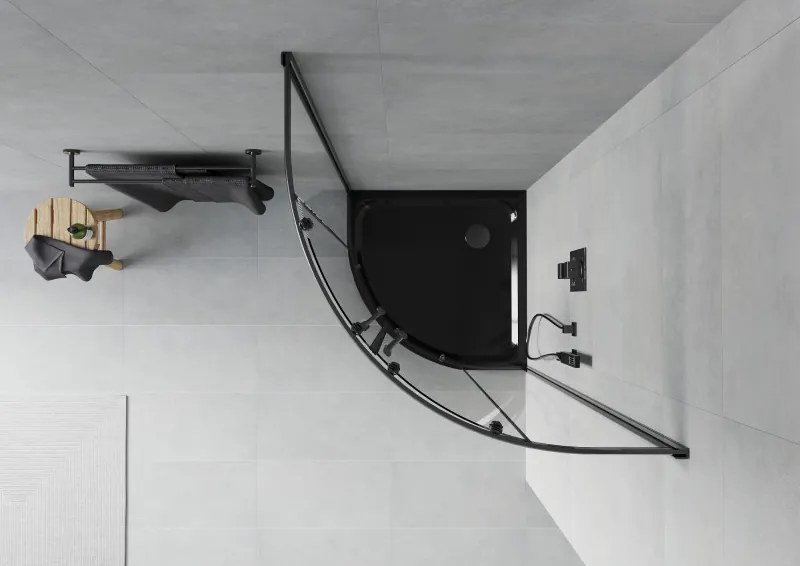 Mexen Rio, štvrťkruhový sprchový kút 90 x 90 cm, 6mm číre sklo, čierny profil + čierna sprchová vanička, 863-090-090-70-00-4170B