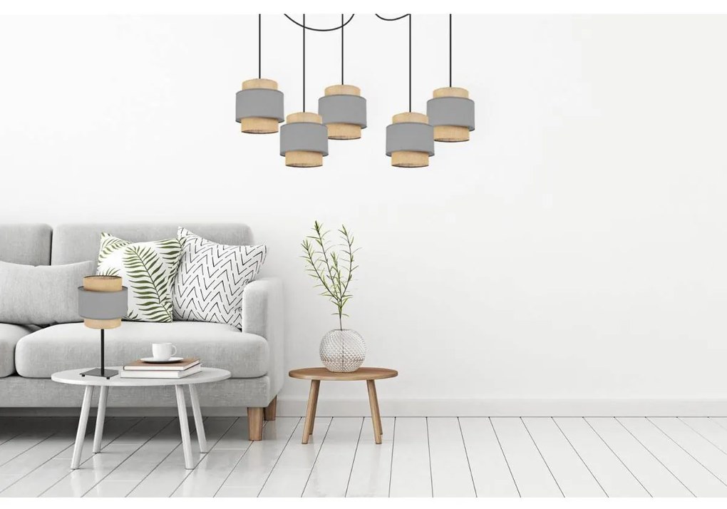 Stolová lampa BOHO, 1x jutové/sivé textilné tienidlo