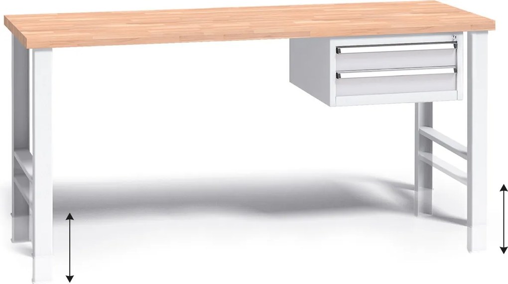 Výškovo nastaviteľný pracovný stôl do dielne G3 so závesným boxom na náradie, buková škárovka, 2 zásuvky, 1700 x 685 x 840 - 1050 mm, sivá