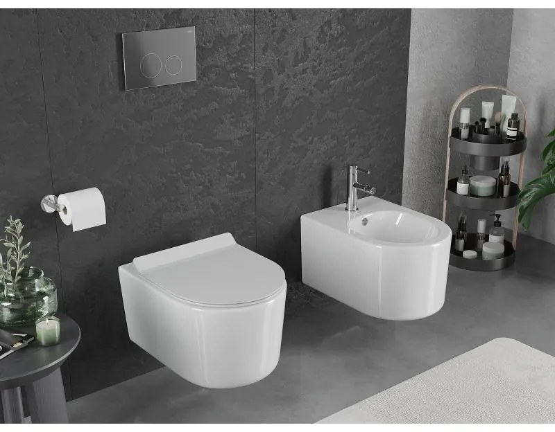 Mexen Sofia, závesná WC misa 490x360x355 mm, Rimless Tornádo + WC sedadlo z duroplastu, biela lesklá, 30540100T