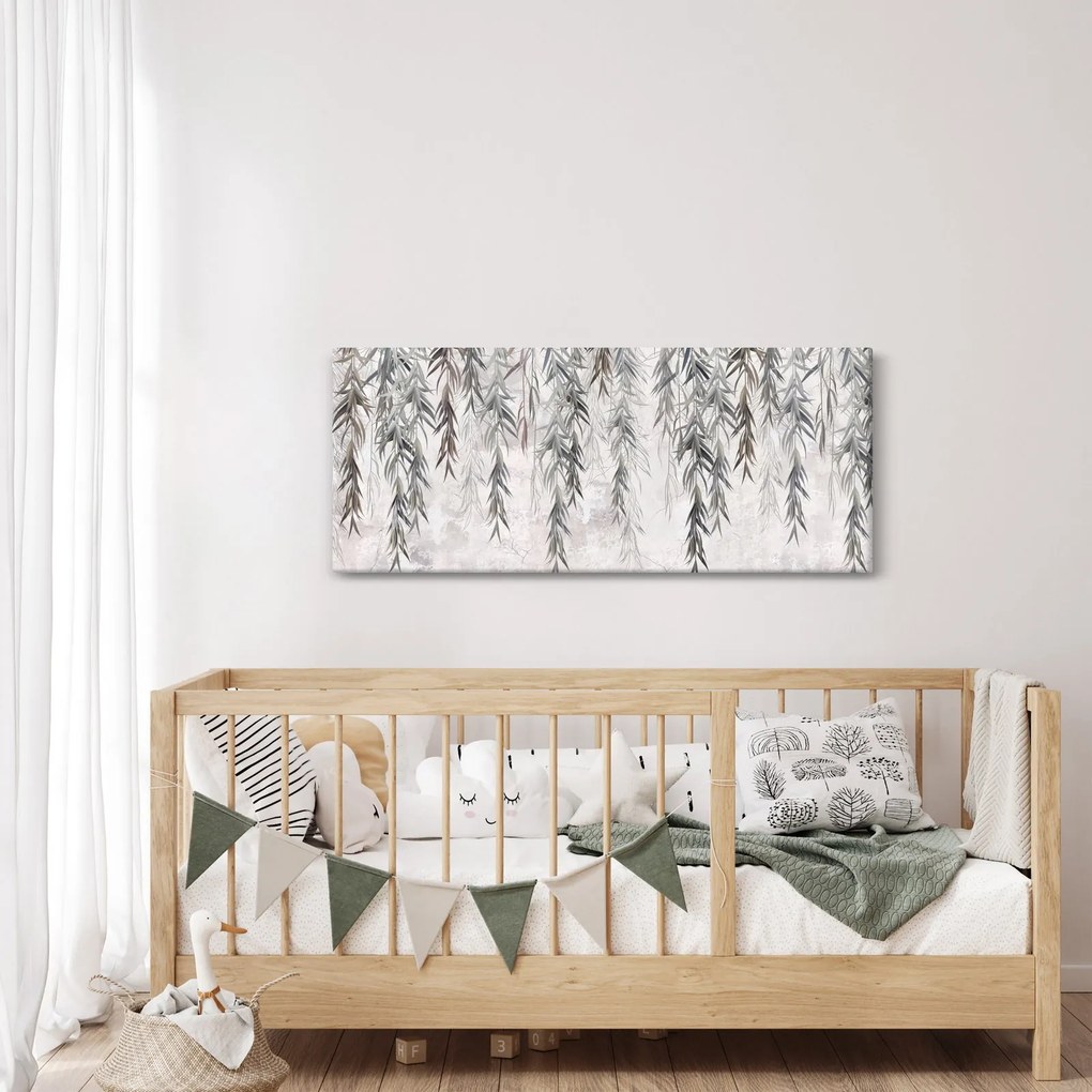 Obraz - Vŕbové vetvičky v šedej omietke (120x50 cm)