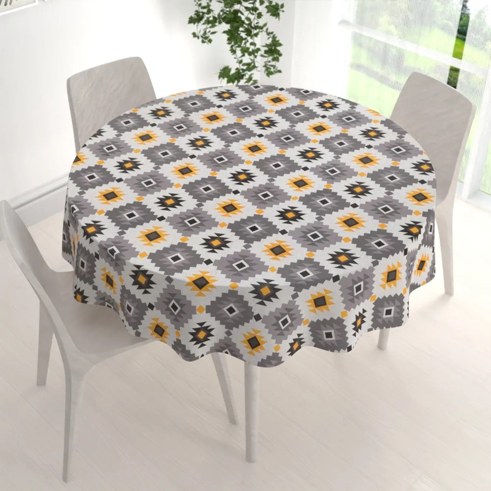 Biante Bavlnený okrúhly obrus Sandra SA-520 Žlto-sivý aztécky vzor Ø 80 cm