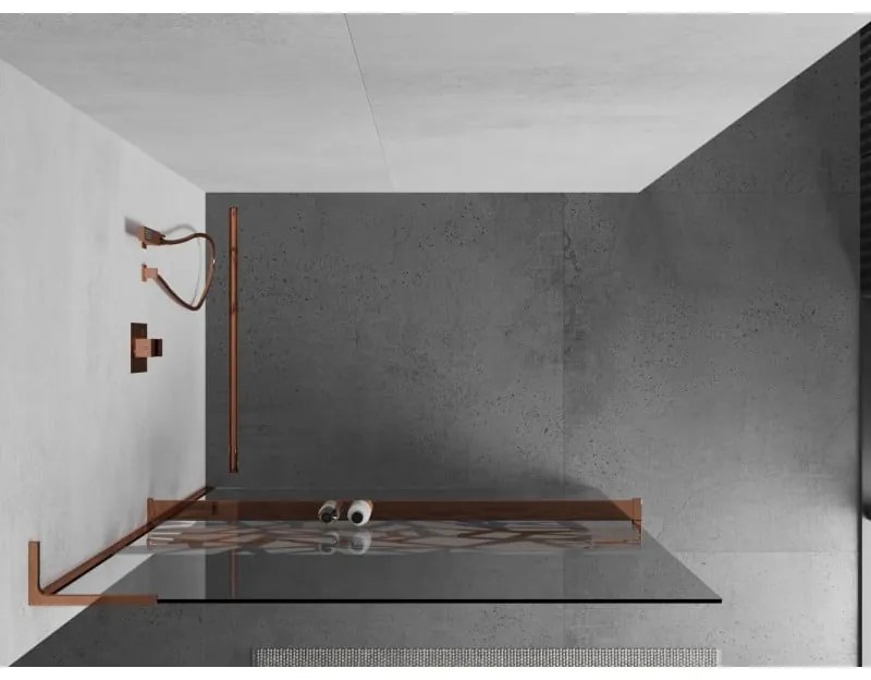 Mexen Kioto+ L, sprchová zástena Walk-In s poličkou a vešiakom 100 x 200 cm, 8mm číre sklo biely vzor, ružové zlato profil, 800-100-123-60-85