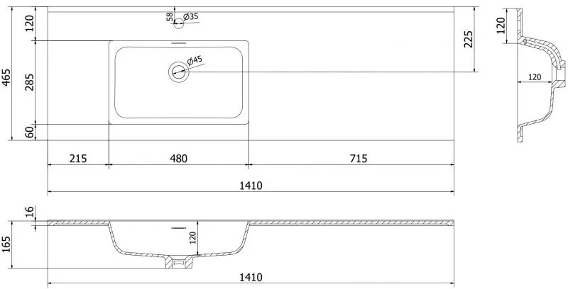 Mexen Otis, umývadlo na zapustenie 141 x 46,5 cm, ľavé, čierna matná, 25181471L