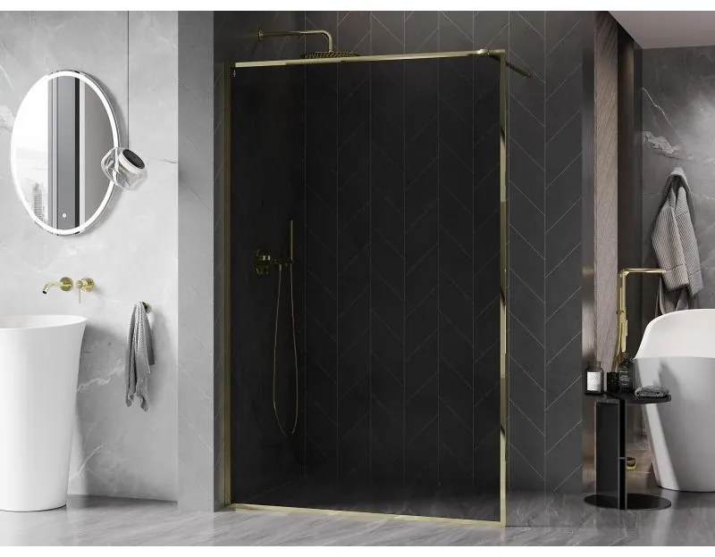 Mexen Kioto-F, sprchová zástena s rámom 130 x 202 cm, 8 mm šedé sklo, zlatý lesklý profil, 800-130-104-50-40