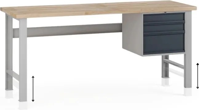 Výškovo nastaviteľný dielenský stôl G7, buková škárovka, 2000 x 800 x 840-1040 mm, 1x kontajner, 3 zásuvky, grafit