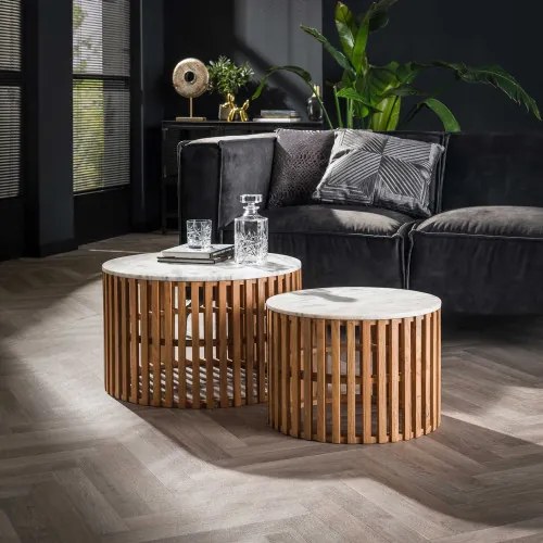Konferenčný stôl 28-47 Sunset Ø65 a Ø50cm Mramor/Mango drevo - Komfort-nábytok