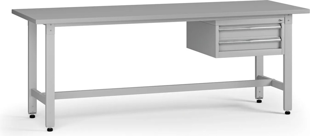 Výškovo nastaviteľný dielenský stôl G5, 2100 x 750 x 800-1000 mm, 1x kontajner, 2 zásuvky, sivá