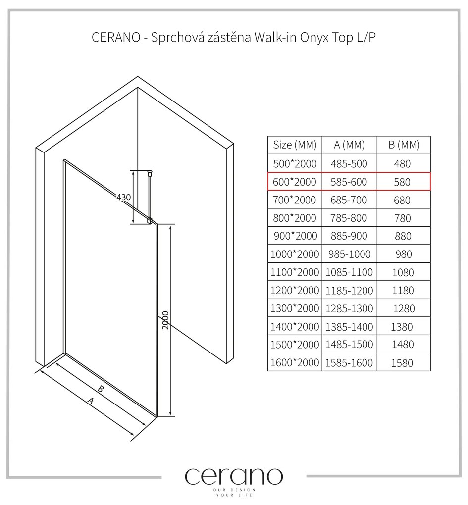 CERANO - Sprchová zástena Walk-in Onyx Top L/P - guľatá vzpera - čierna matná, ryhované sklo - 60x200 cm, CER-CER-8050BD1577