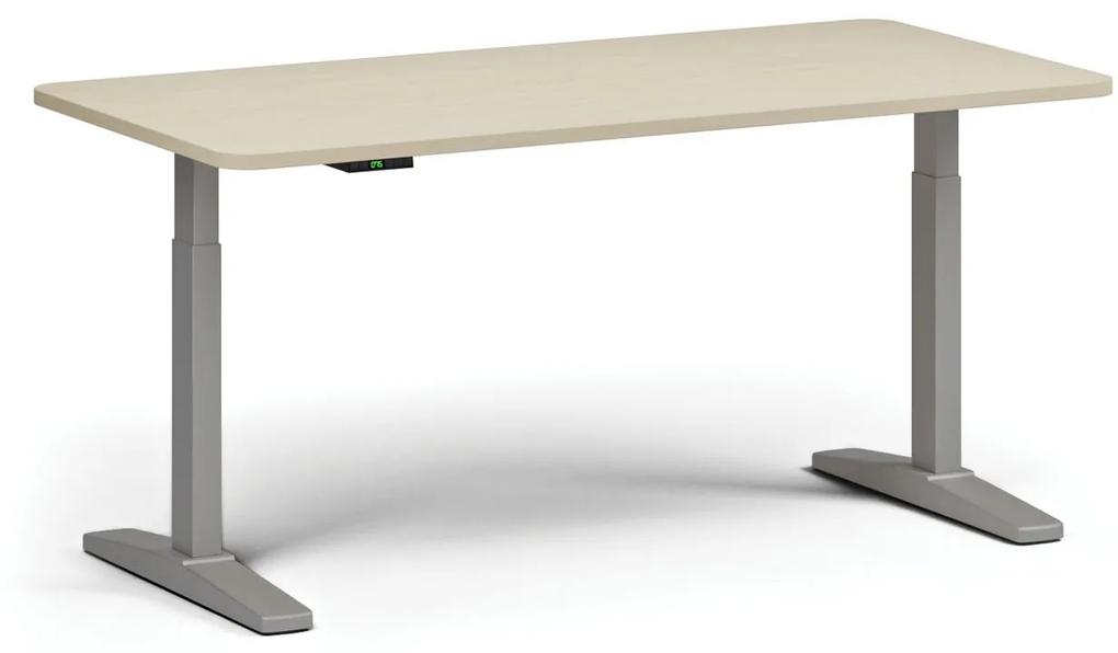 Výškovo nastaviteľný stôl, elektrický, 675-1325 mm, zaoblené rohy, doska 1600x800 mm, sivá podnož, dub prírodný