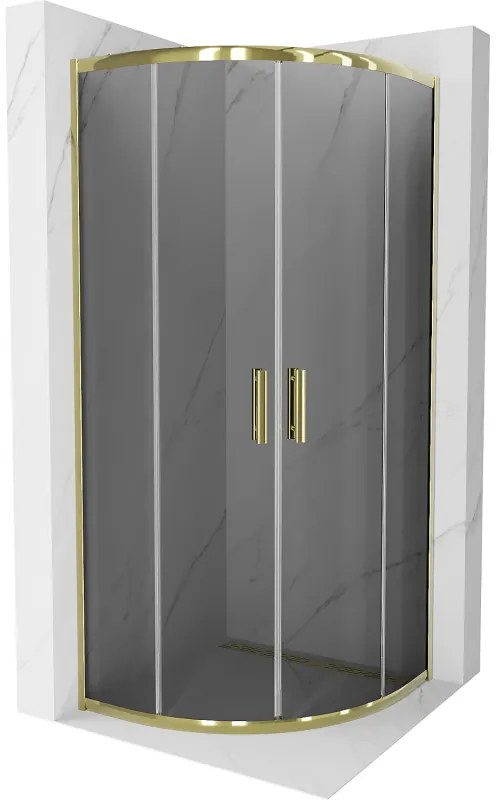 Mexen Rio, štvrťkruhový sprchovací kút s posuvnými dverami 70(dvere) x 70(dvere) x 190 cm, 6mm šedé číre, zlatý lesklý profil, 863-070-070-50-40