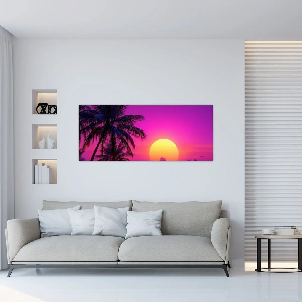 Obraz - Fialový západ s palmou (120x50 cm)
