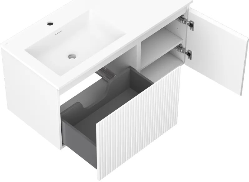 Mexen Rivel, kúpeľňová skrinka 100 cm s ľavým umývadlom Otis, 1S, 1D, drážkovaná, biela matná, 91A23-10047-3-BBFF01-W18L01