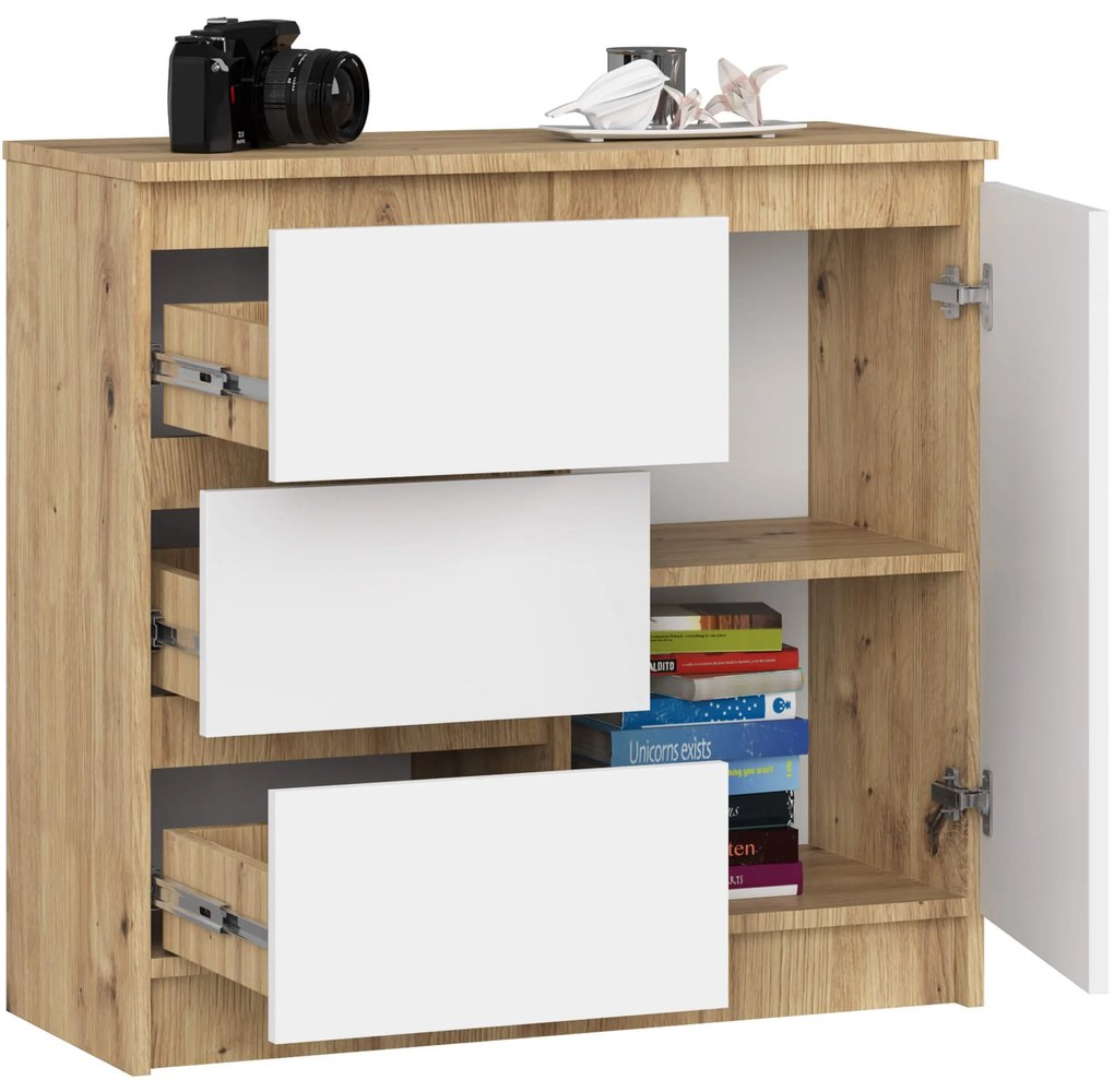 Komoda JERRY K 80 cm 1 dveře 3 zásuvky dub artisan/bílá